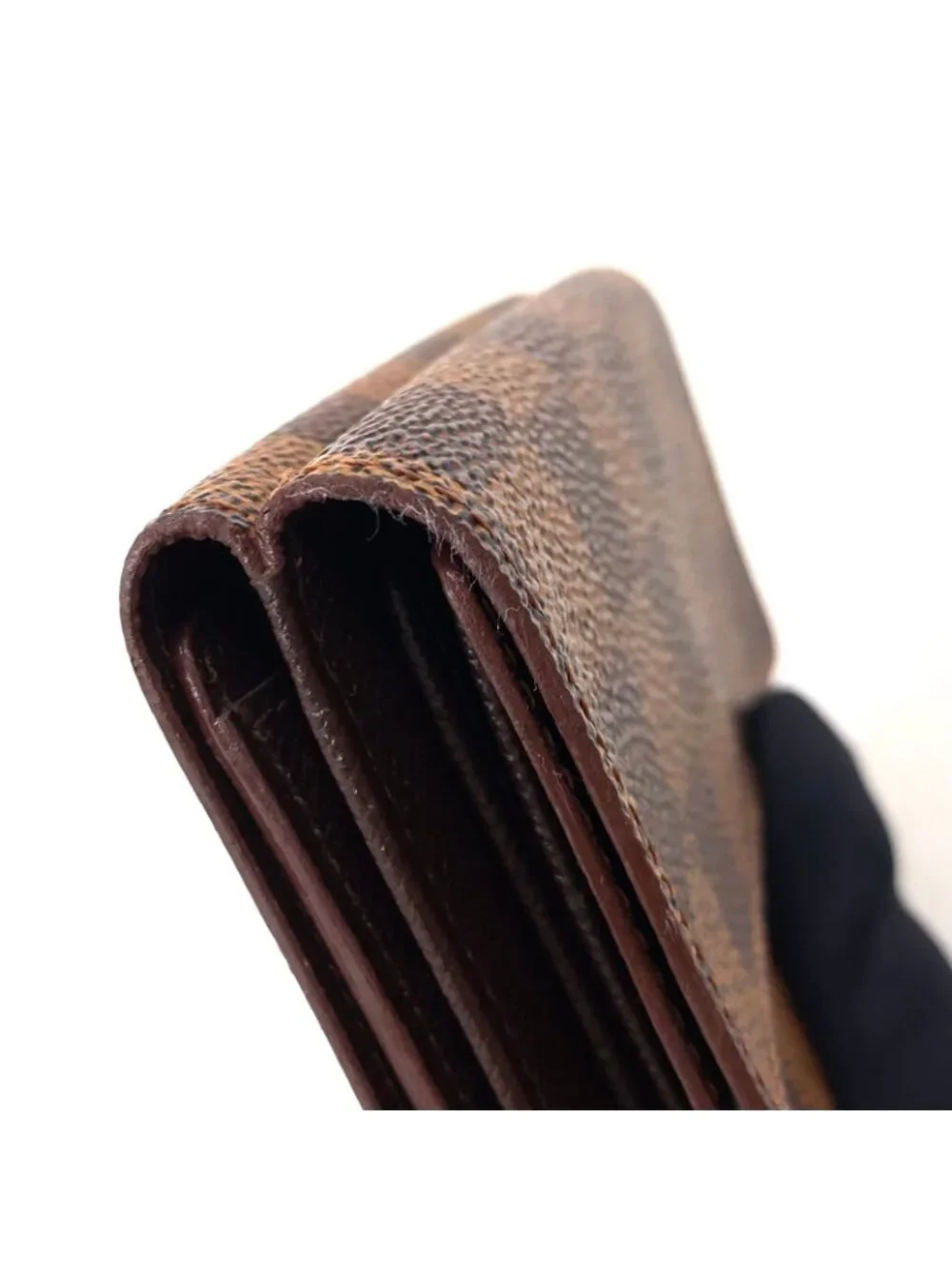 Louis Vuitton Portefeuille Elise Damier Ebene Leather Brown Hook Wallet Gold